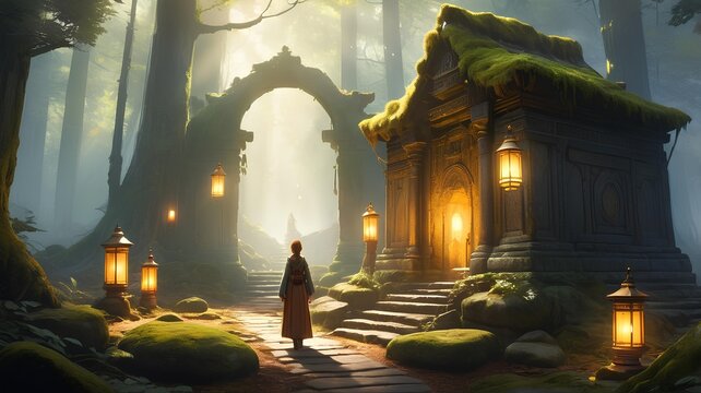 A solitary figure walks towards a tranquil mossy shrine with glowing lanterns in a sunlit enchanted forest.