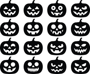 Set of sixteen black Halloween pumpkin silhouettes. A collection of Jack-o'-lantern icons with various carved scary and funny faces arranged in a grid.