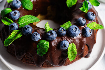 Delicious Chocolate Bundt Cake with Fresh Blueberries and Mint