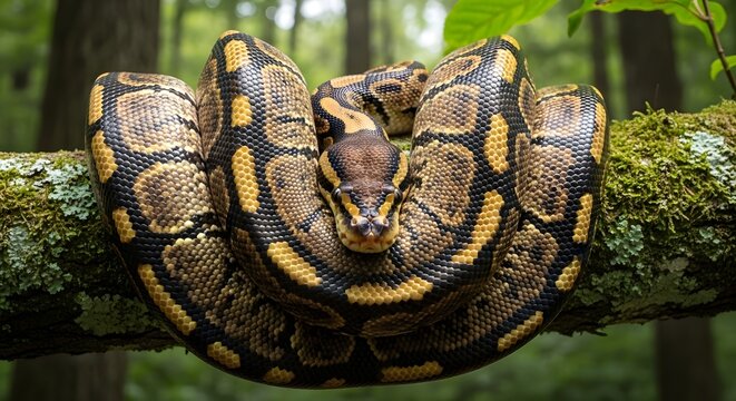 A ball python coiled on a mossy branch in a forest setting with blurred green foliage background view