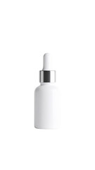 White cosmetic serum bottle with silver accents for beauty products on transparent background