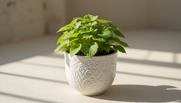 Sunlit Pilea Peperomioides in Textured White Pot on Pale Surface