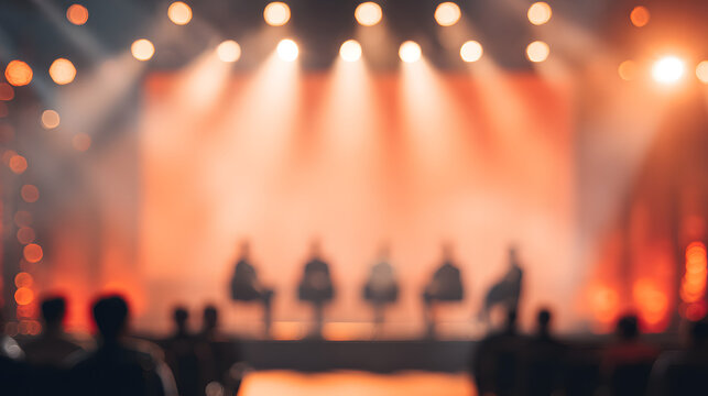 blurred image of a tech panel discussion on AI and robotics, stage washed in warm colored lights