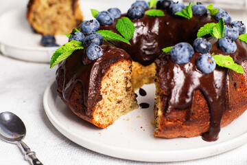 Delicious Chocolate Bundt Cake with Fresh Blueberries and Mint