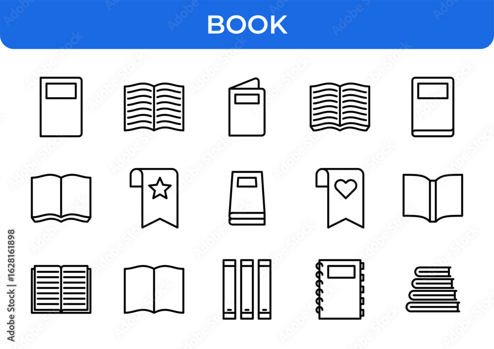 Poster book icon set featuring education library reading and learning concepts with various open closed and