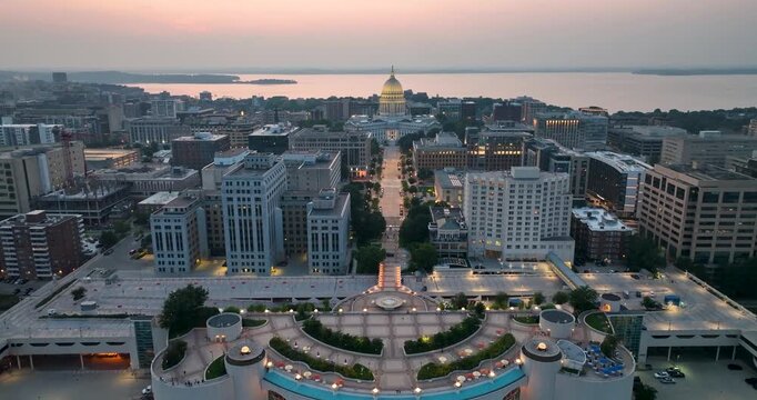 Aerial view of Madison, Wisconsin isthmus at sunset