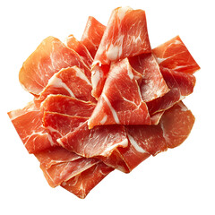 Spanish jamón serrano slices die cut top view isolated on a white background