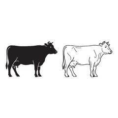 Stylized Cow Silhouette & Cow Lineart – Cow Vector Composition Featuring Elegant Line Work – Cow Illustration – Silhouette and Lineart Set of Cow

