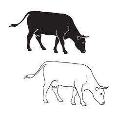 Clean Cow Silhouette & Cow Lineart – Cow Vector Template Featuring Smooth Contours – Cow Illustration – Silhouette and Lineart Set of Cow

