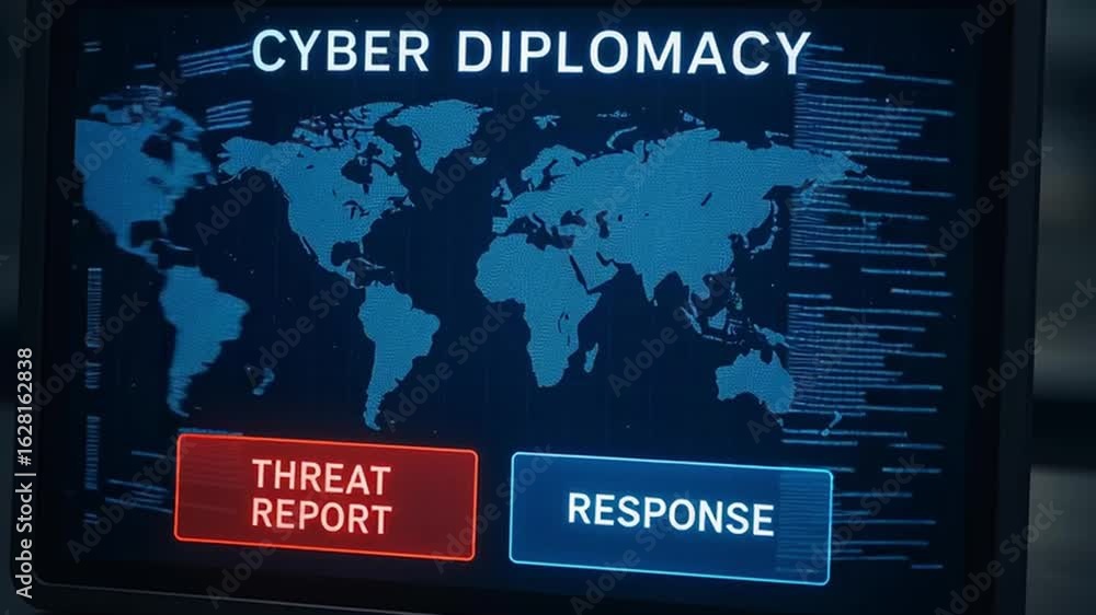 Poster cyber diplomacy: a digital display with world map and interactive options.
