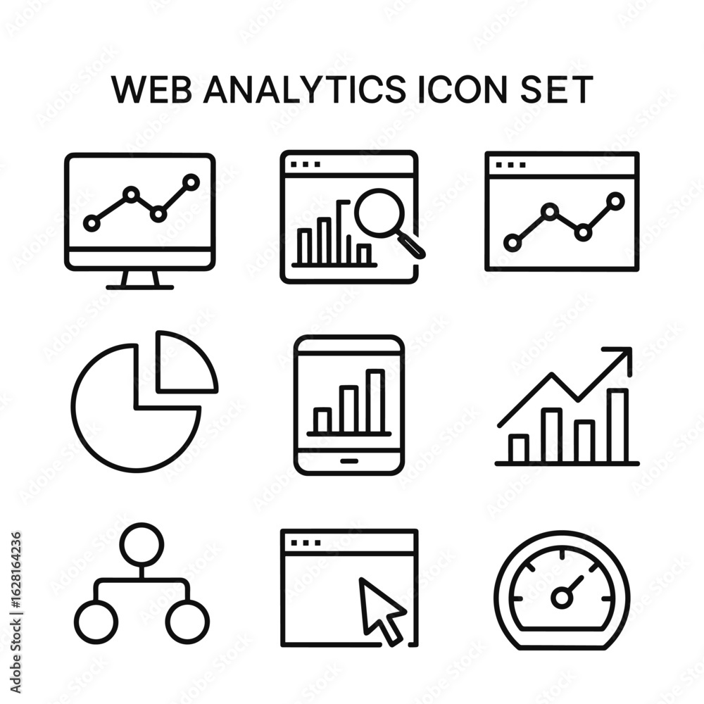 Poster website analytics vector icon set. outline symbols. line design