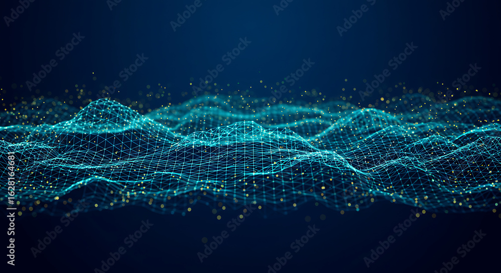 Poster abstract waveform with data points in deep blue technological landscape