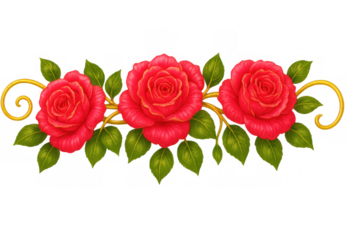 Realistic red rose and golden branch garland, creating elegant wedding invitation design with romantic floral arrangement on transparent backdrop