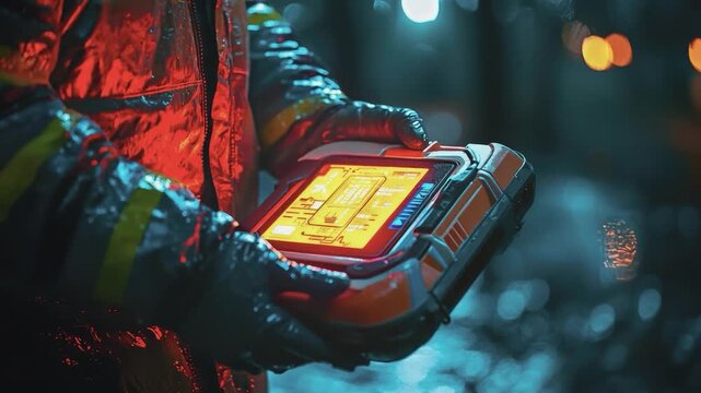 Heroic Service in the Shadows: A brave firefighter, clad in protective gear, uses cutting-edge technology in the form of a tablet, to assess the scene. A scene of urgent resolution.