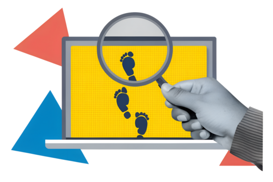 A person looks through a magnifying glass at footprints on a laptop screen. Digital footprint. Modern photo collage style. Illustration on transparent background