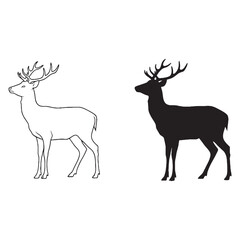Fototapeta premium Natural Deer Silhouette & Deer Lineart – Deer Vector Artwork Featuring Calm Woodland Presence – Deer Illustration – Silhouette and Lineart Set of Deer