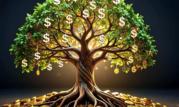 Luminous tree of prosperity on golden coins image