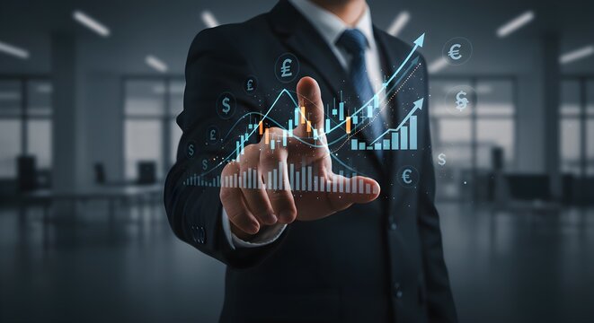 Businessman interacts with holographic financial growth charts, showcasing upward trends and economic success.