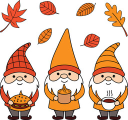 Fototapeta premium Three cheerful cartoon gnomes are presented with autumnal leaves on a transparent background