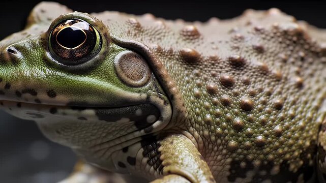 Detailed close-up of a green and brown frog. Amphibian wildlife portrait with textured skin.
