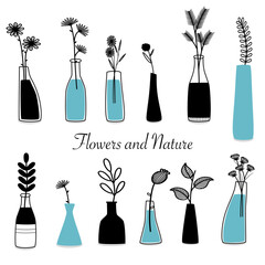 Bouquets of flower in vases and jars of different shapes. A collection of hand drawn for other occasions.