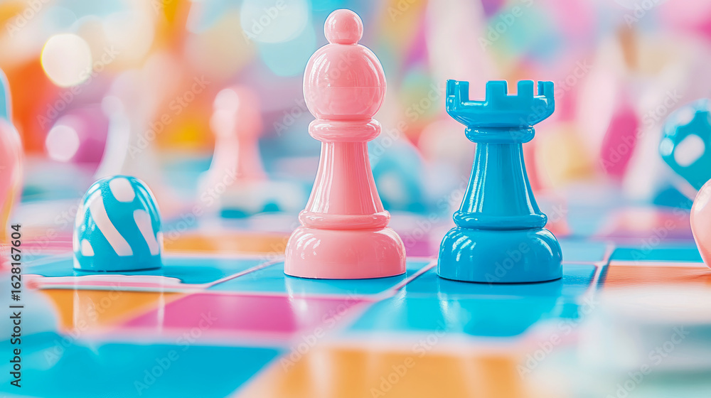 Poster enchanting macro shot of playful pink and blue plastic game pieces on a multi-colored chessboard-lik
