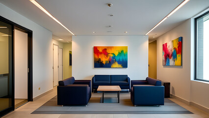Fototapeta premium Bright Office Lounge Featuring Colorful Art and Sleek Blue Furniture