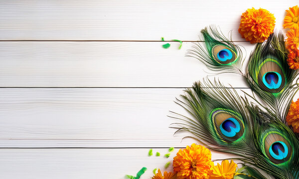 Fototapeta A decorative rectangular frame made entirely of peacock feather eyes, arranged artistically around the border. The feathers are vivid with rich blues, greens, and golds, showing the classic peacock ey