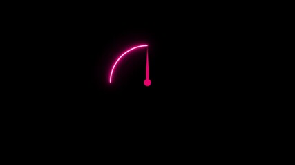 animation of glowing speedometer needle in motion. Concept of performance, acceleration and speed. Purple color glowing neon Abstract digital speed meter or indicator on black background. Video 4K 