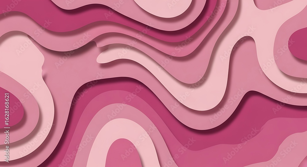 Poster abstract flowing waves of various pink shades creating a layered, topographic-like visual effect wit