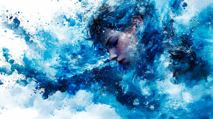 Fototapeta premium Whispers of the Deep: A Meditative Face Swirling Amidst Luminous Blue Hues, Chaotic Splashes, and Serene Cloud-like Formations, Blending Nature and Emotion
