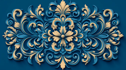 Fototapeta premium Intricate 3D Baroque Floral Scrollwork in Rich Royal Blue and Elegant Gold, a Symmetrical Embossed Ornamental Digital Art Design Perfect for Luxurious Backgrounds and Classic Decor