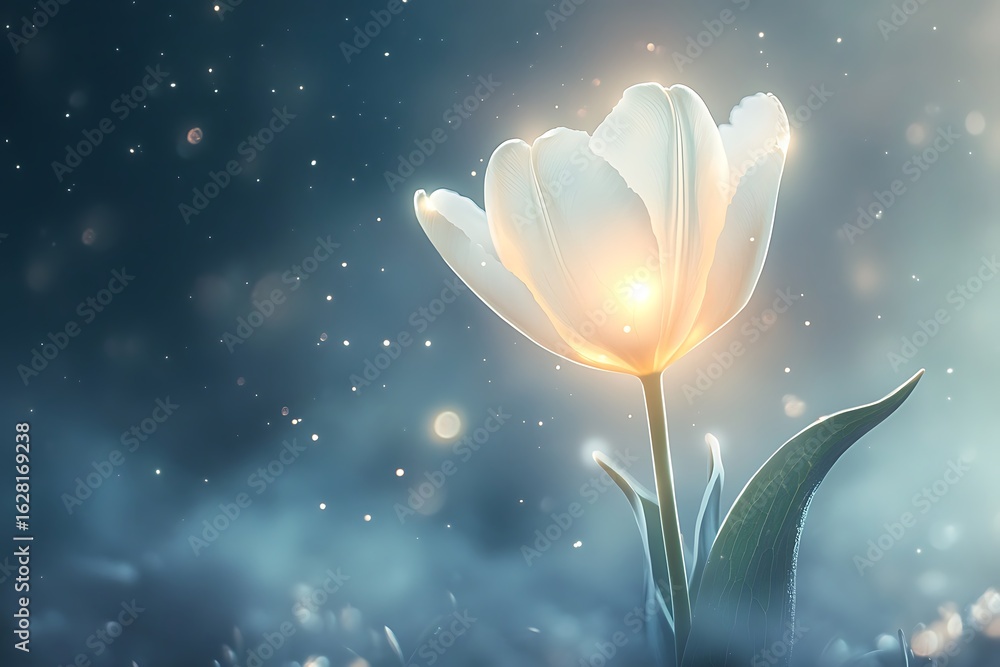 Poster • single tulip shining from within, misty background with tiny glimmers and a soft ambient glow