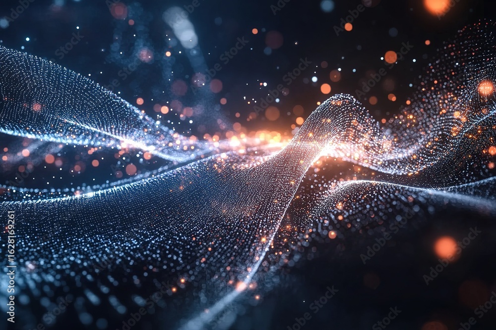 Aufkleber data streams visualized as glowing light particles, ai neural network nodes expanding infinitely, hi