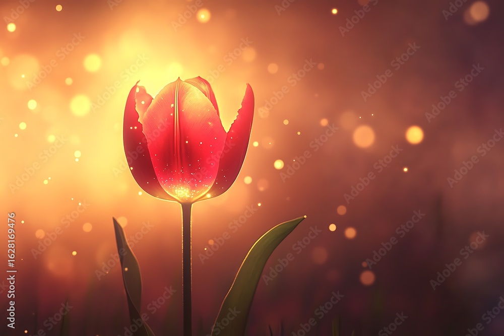 Poster • single tulip shining from within, misty background with tiny glimmers and a soft ambient glow