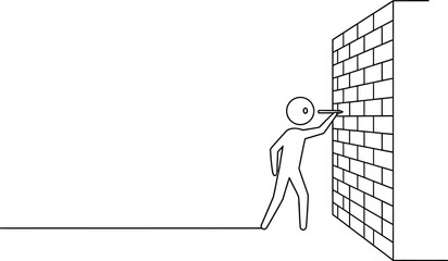 Stick figure drawing of person hammering nail into brick wall art