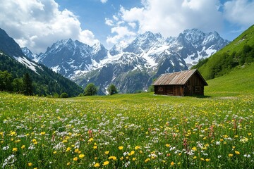 Fototapeta premium Lush green alpine meadows with wildflowers, a small wooden cabin, snow-covered peaks in the background, peaceful atmosphere