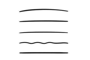 Hand drawn underline brush strokes collection — 5 black ink lines in curved, straight, wavy minimalist styles, abstract calligraphy borders, design separators, highlight accents, vector clipart set