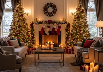 Cozy living room with fireplace and christmas trees