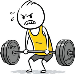 Naklejka premium Cartoon stick figure lifting weights balancing life and work hard