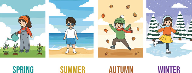 Children enjoying seasonal activities, spring gardening, summer beach, autumn leaves, winter skating, colorful illustration, educational concept, nature fun, kids learning,