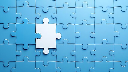 Blue puzzle pieces with one missing white piece on a glossy surface, symbolizing problem solving, uniqueness, and finding solutions in business and teamwork concepts