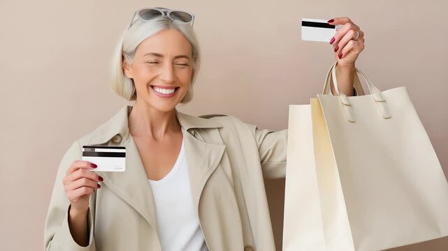 A fashionable older woman with gray hair and a bright smile poses with two credit cards and large shopping bags, representing confidence in modern consumer habits and financial independence
