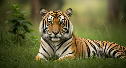 Obraz premium Majestic Bengal tiger resting peacefully in the lush green jungle grass, gazing intently with powerful eyes into the camera