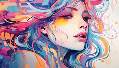 Vibrant abstract portrait of a young woman with colorful flowing hair and artistic composition capturing emotion and beauty