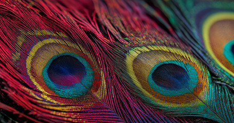 Obraz premium A close-up of colorful peacock feathers, each with its own unique pattern and color, set against a dark background