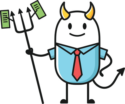 Cartoon devil businessman holding money pitchfork vector illustration
