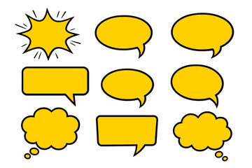 Yellow vector comic speech bubbles, pop art explosion star, blank thought cloud set, editable cartoon chat balloons, retro graphic design elements for dialogue, meme text box, sticker template