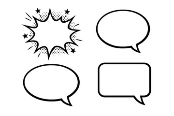 Set of 4 Comic Speech Bubbles with Explosion Shapes, Talk Balloons, and Dialogue Boxes for Pop Art, Retro Comics, Cartoon Design, Fun Speech Templates, Comic Style Elements