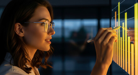 Professional data analyst reviewing a glowing bar chart on a digital interface for business intelligence and strategic planning.